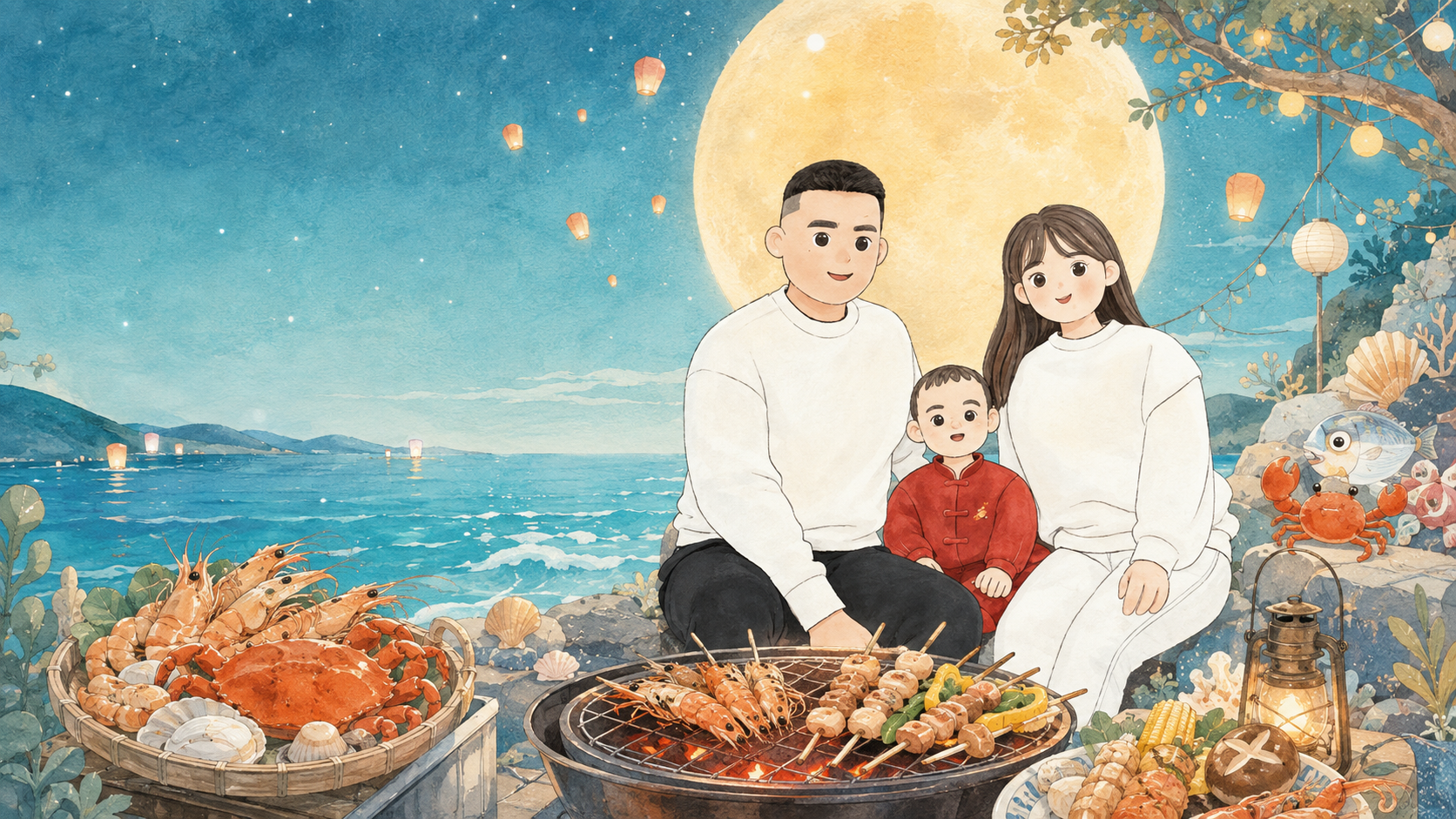 翊吃臣主顧一家三口在月光海邊烤肉的插畫